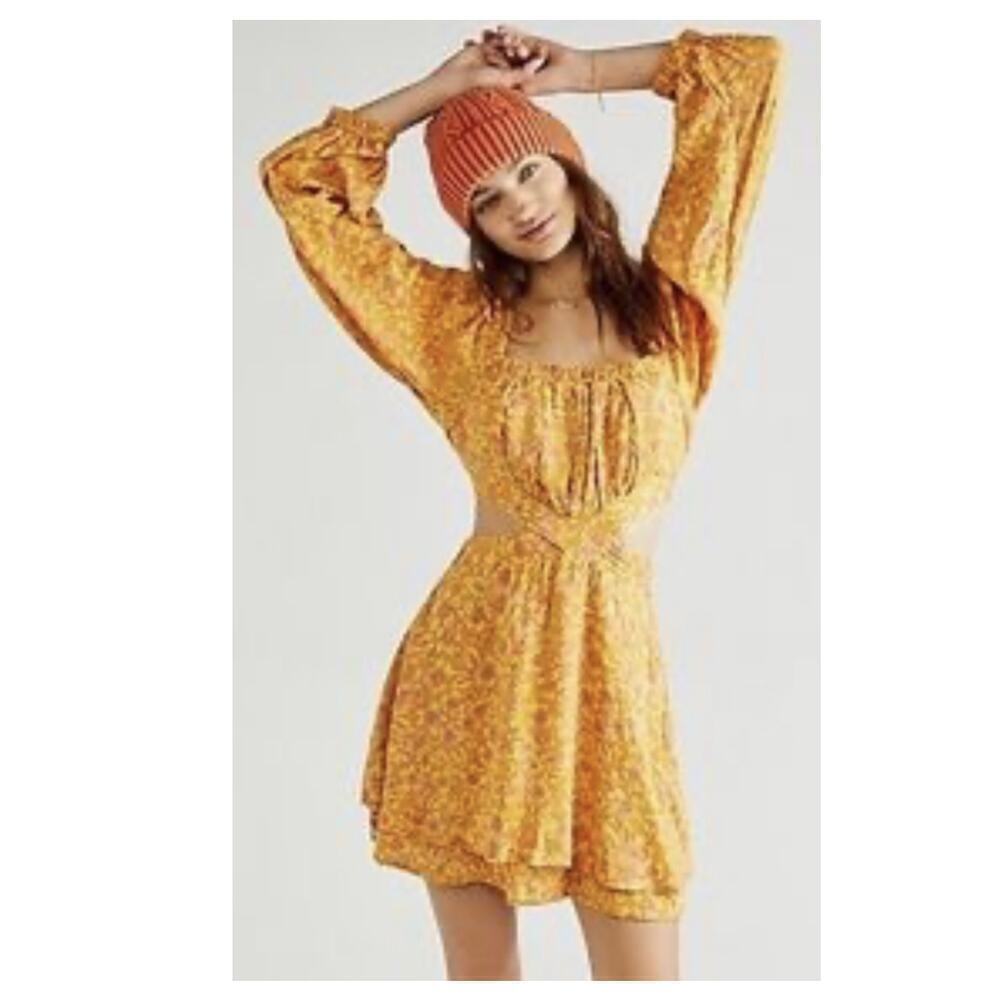 NEW! Free People Jael Yellow Floral Long-Sleeve Cutout Square-Neck Dress- SMALL